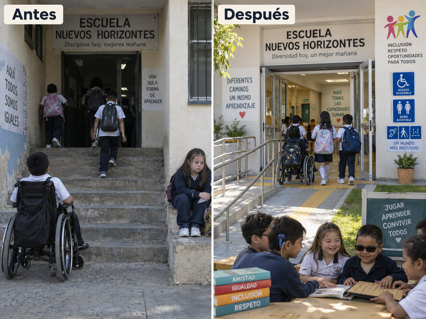Comparación antes y después de la recuperación de una escuela con rampa, entrada ampliada y señalización accesible