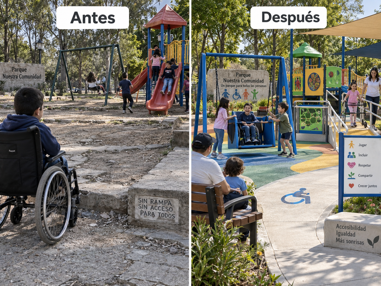 Comparación antes y después de la recuperación de un parque con piso continuo, columpio adaptado y ruta accesible